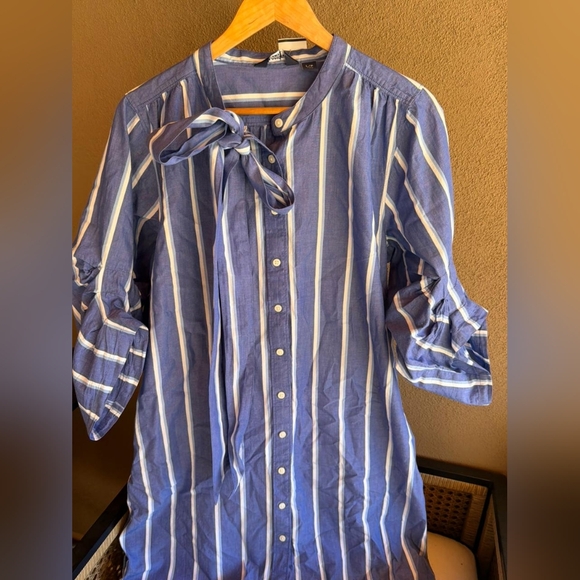 Lands' End Classic Blue & White Striped Dress Long Sleeved 100% Cotton - Picture 2 of 6
